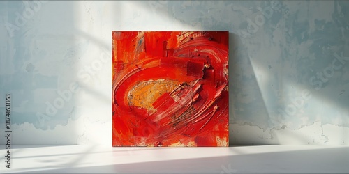 Canvas with red paint texture serving as an abstract background for design layouts, focusing on surface detail