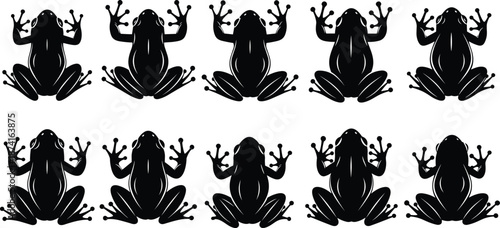 Frog silhouettes pattern collection, repeating amphibian poses design, wildlife animal shapes, black vector illustration isolated on white background
