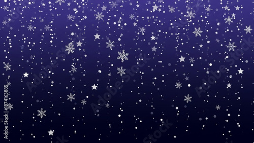 A gradient purple background with white snowflakes and stars falling from top to bottom creating a magical winter scene with festive
