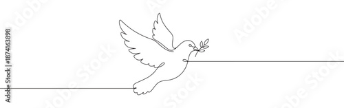 A graceful dove in flight holding an olive branch, depicted in a continuous line drawing, symbolizing peace and hope