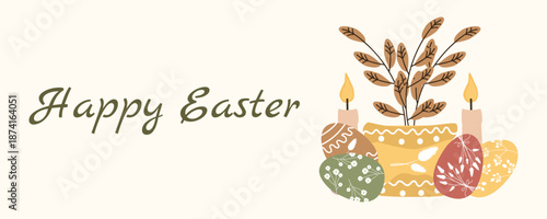 Horizontal Easter greeting banner with vase, eggs and candles in Scandinavian style