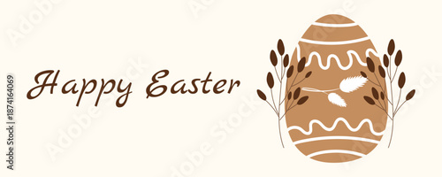 Horizontal Easter greeting banner with spring floral elements and easter egg in Scandinavian style