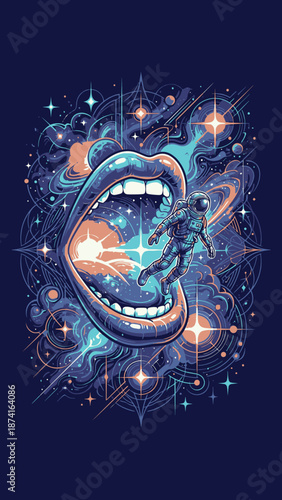 Surreal Open Mouth With Astronaut Floating Inside Cosmic Nebula.