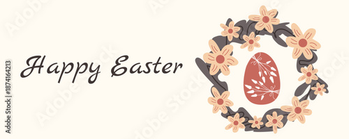Horizontal Easter greeting banner with spring floral wreath and easter egg in Scandinavian style