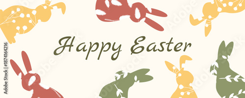 Horizontal Easter greeting banner with cute bunnies and floral elements in Scandinavian style