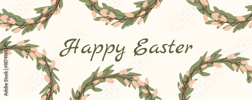 Horizontal Easter greeting banner with spring floral wreaths in Scandinavian style