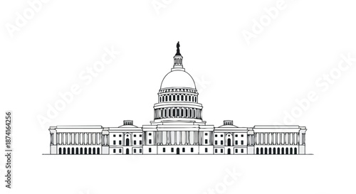 Clean line art drawing of a grand legislative building with its iconic dome and classical facade showcasing governmental power