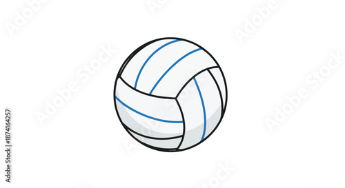 A crisp, minimalist graphic illustration showcasing a classic white volleyball with vibrant blue stripes and strong black outlines, isolated for