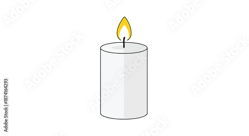 A serene and elegant minimalist illustration showcasing a simple burning white cylindrical candle with a vibrant yellow flame softly illuminating