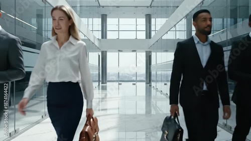 Dynamic business team walking through modern office hallway in high resolution. 4K video