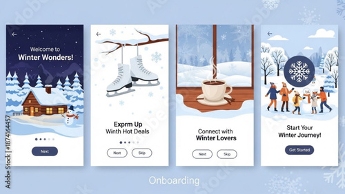 Winter onboarding screens with snowflakes and hot chocolate with mobile app and ice skating and coffee and seasonal and greeting