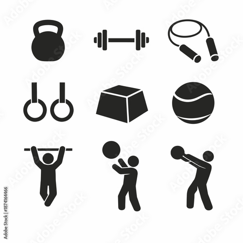 Fitness equipment silhouettes: dumbbells, kettlebell, jump rope, gymnastic rings, box, medicine ball