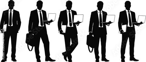 Businessman silhouettes holding laptop and briefcase, corporate professional poses, office work concept, leadership, technology, success illustration