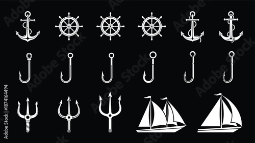 Nautical marine silhouettes set, anchor ship wheel fishing hook sailboat icons, ocean sailing elements, white vector illustration on black background