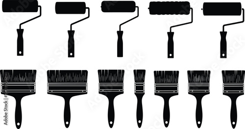 Paint roller and brush silhouettes collection, house renovation painting tools set, black vector illustration isolated on white background design icons