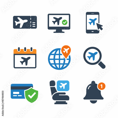 Travel icon set featuring plane tickets and online booking symbols