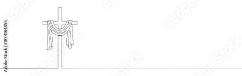 A simple cross draped with cloth, drawn in a continuous line, symbolizing Easter, faith, and resurrection