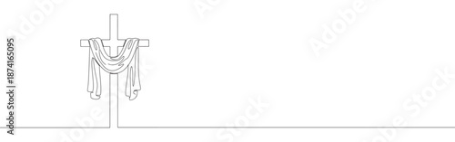 A simple cross draped with cloth, drawn in a continuous line, symbolizing Easter, faith, and resurrection