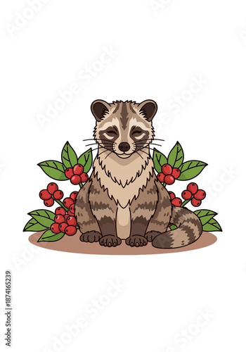 A raccoon sitting surrounded by red flowers and green leaves in a serene environment