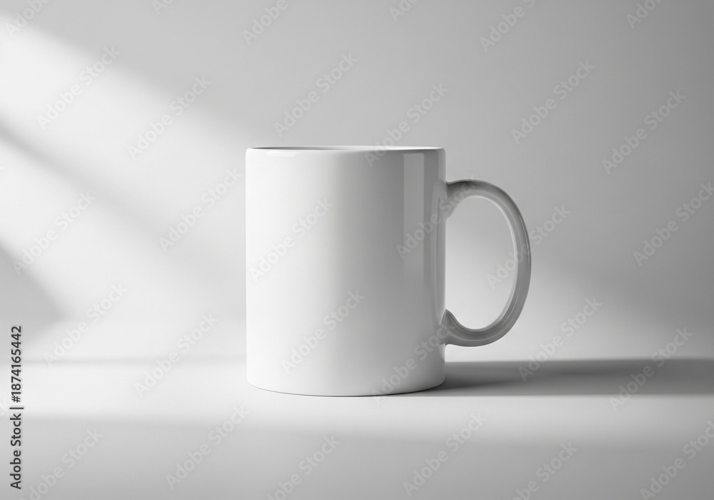 Fototapeta premium Minimal white mug mockup with diagonal sunlight shadows studio style