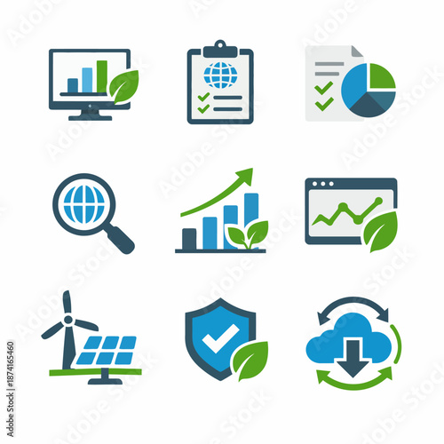 Sustainable development icons: growth, analysis, renewable energy, and cloud storage