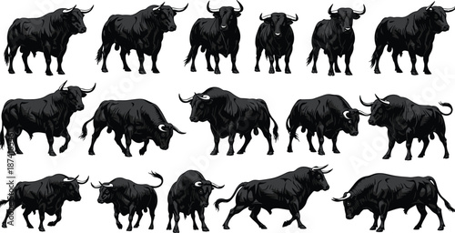 Powerful Black Bull Vector Illustration Set, Spanish Matador Style Charging Bulls, Strength and Power Graphic Icons for Logo and Branding Design