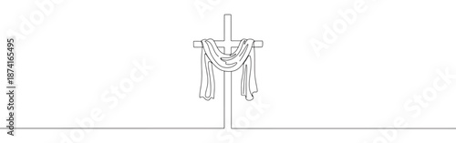 A simple cross draped with cloth, drawn in a continuous line, symbolizing Easter, faith, and resurrection