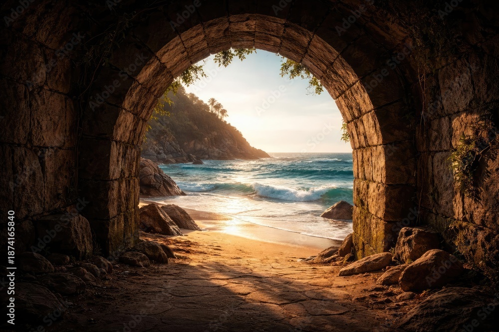 Fototapeta premium Ancient stone tunnel doorway opening to a serene coastal beach and wave scene
