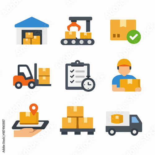 Warehouse and logistics icons set featuring forklift and delivery process