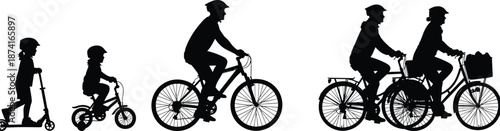 Family cycling silhouettes showing growth stages, children and adults riding bikes, healthy lifestyle, outdoor activity, transportation evolution