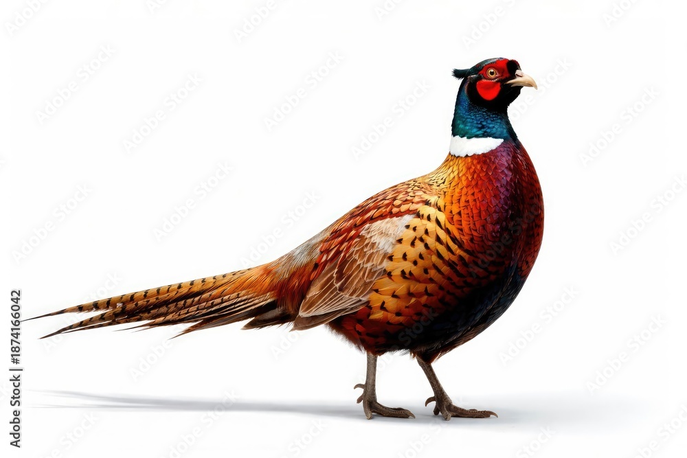 Fototapeta premium Bright pheasant displaying intricate feather colors on a clean white background