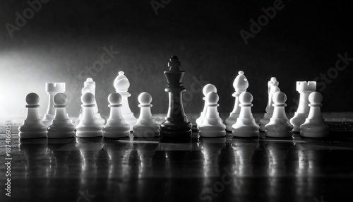 Dramatic chess game strategy concept: black king surrounded by white pawns and pieces with intense lighting