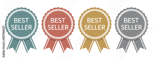 Best Seller Award Ribbons vibrant vector graphics showing four unique ribbon designs in various colors, perfect for marketing, sales, and celebration visuals.