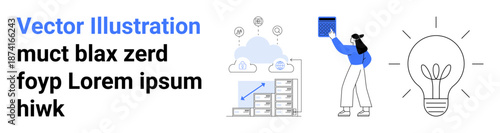 Cloud computing, digital storage, innovation, big data, creative solutions, technology. cloud storage, light bulb ideas and a person with a connected tablet. Cloud computing and innovation concepts