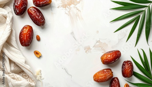 Fresh dates and palm leaves arranged on a marble surface