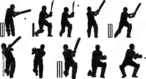 Set of Cricket Player Silhouettes Featuring Batsmen Hitting Ball Wicketkeeper Catching and Athletic Sports Poses Isolated on Plain White Background