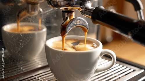 Perfect espresso pouring into cup from machine with crema forming coffee making process closeup. 4K video