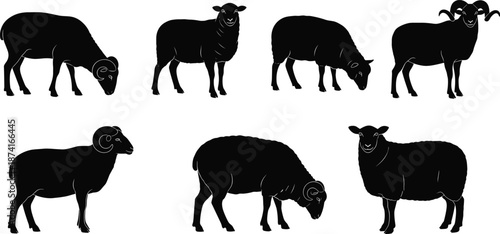 Sheep silhouette vector, ram icon graphic, black livestock shape, farm animal clipart, grazing sheep design, isolated rural element
