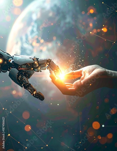 Artistic poster human and AI collaboration, human hand touching robotic AI hand