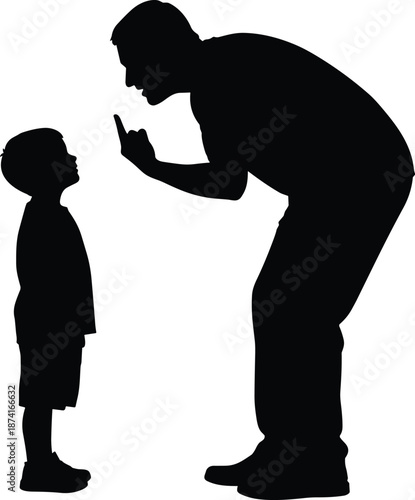 Father scolding child silhouette, parenting discipline concept, family conflict, emotional stress, child behavior correction, authority, education illustration