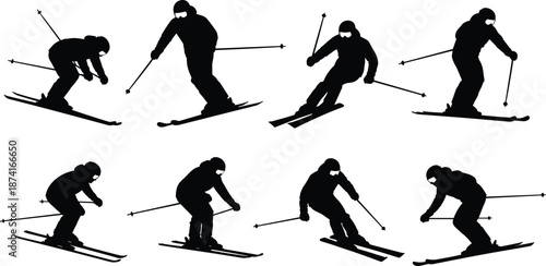 Skiing, silhouettes, set, featuring, downhill, skiers, in, various, action, poses, for, winter, sports, mountain, adventure, alpine, racing, and, leisure, designs