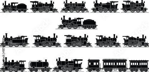 Steam train silhouette, vintage locomotive vector, black railway icon, passenger car clipart, historical transport design, isolated travel element