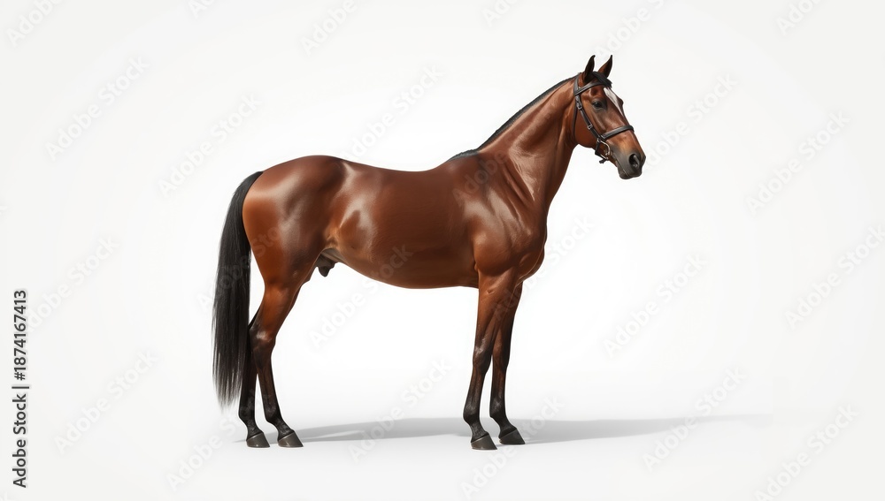 Obraz premium Russian riding horse with a dark bay coat posed on a plain white backdrop, focusing on breed characteristics