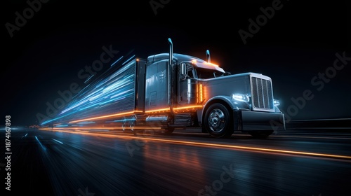 High Speed Transport Semi Truck with Digital Light Trails Night Delivery
