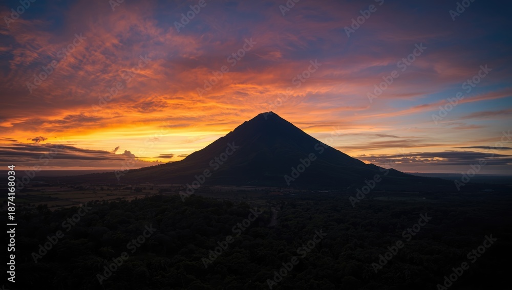 Obraz premium Arenal Volcano at dusk in Costa Rica, with vibrant sunset colors reflecting on the terrain