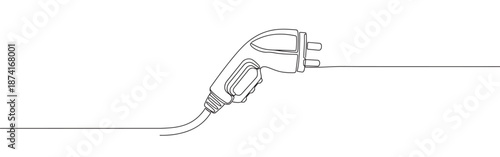 An electric vehicle charging plug with its cable, drawn in a continuous line, symbolizing sustainable transport and future technology
