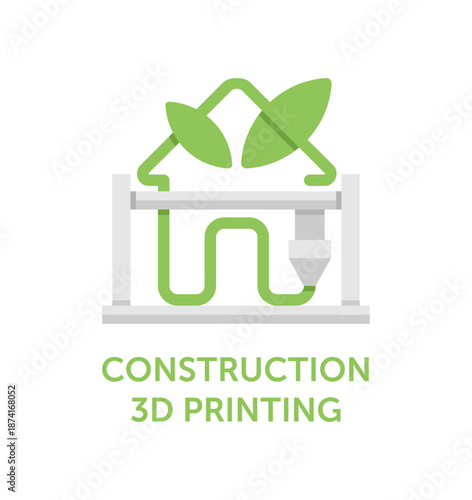 Construction 3D printing emblem - future of building industry, in flat colors