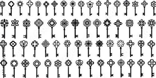 Vintage skeleton key silhouettes, antique metal lock openers, decorative Victorian design elements, ornate old door keys, mystery decorative vector icons set.