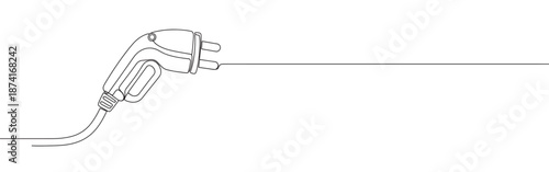 An electric vehicle charging plug with its cable, drawn in a continuous line, symbolizing sustainable transport and future technology