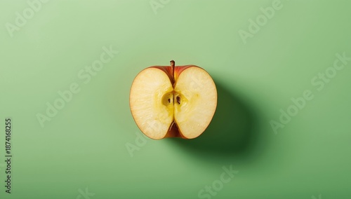 Fresh apple slices on a green backdrop in bold pop art colors, food presentation, fruit display, visual impact